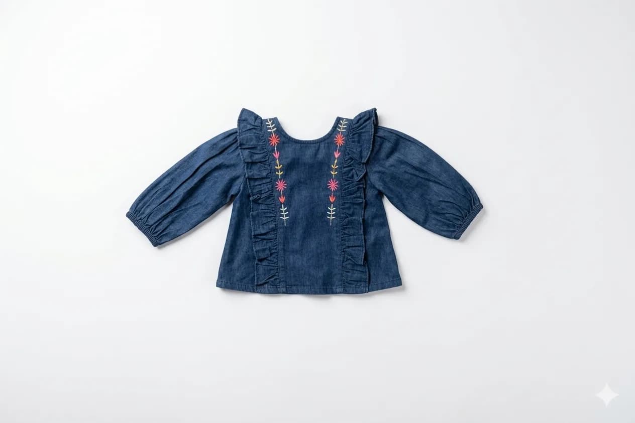 Embroidered Ruffle Denim Top