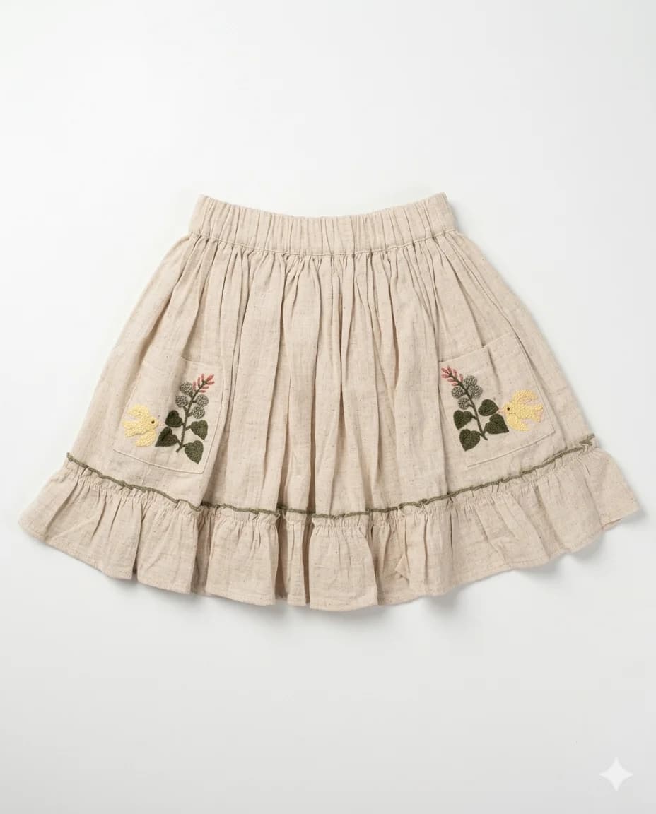 Embroidered Bird Linen Skirt