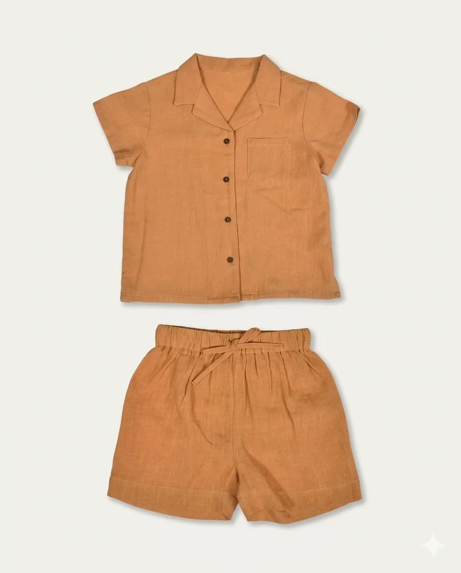 Camel Linen Shirt & Shorts Set
