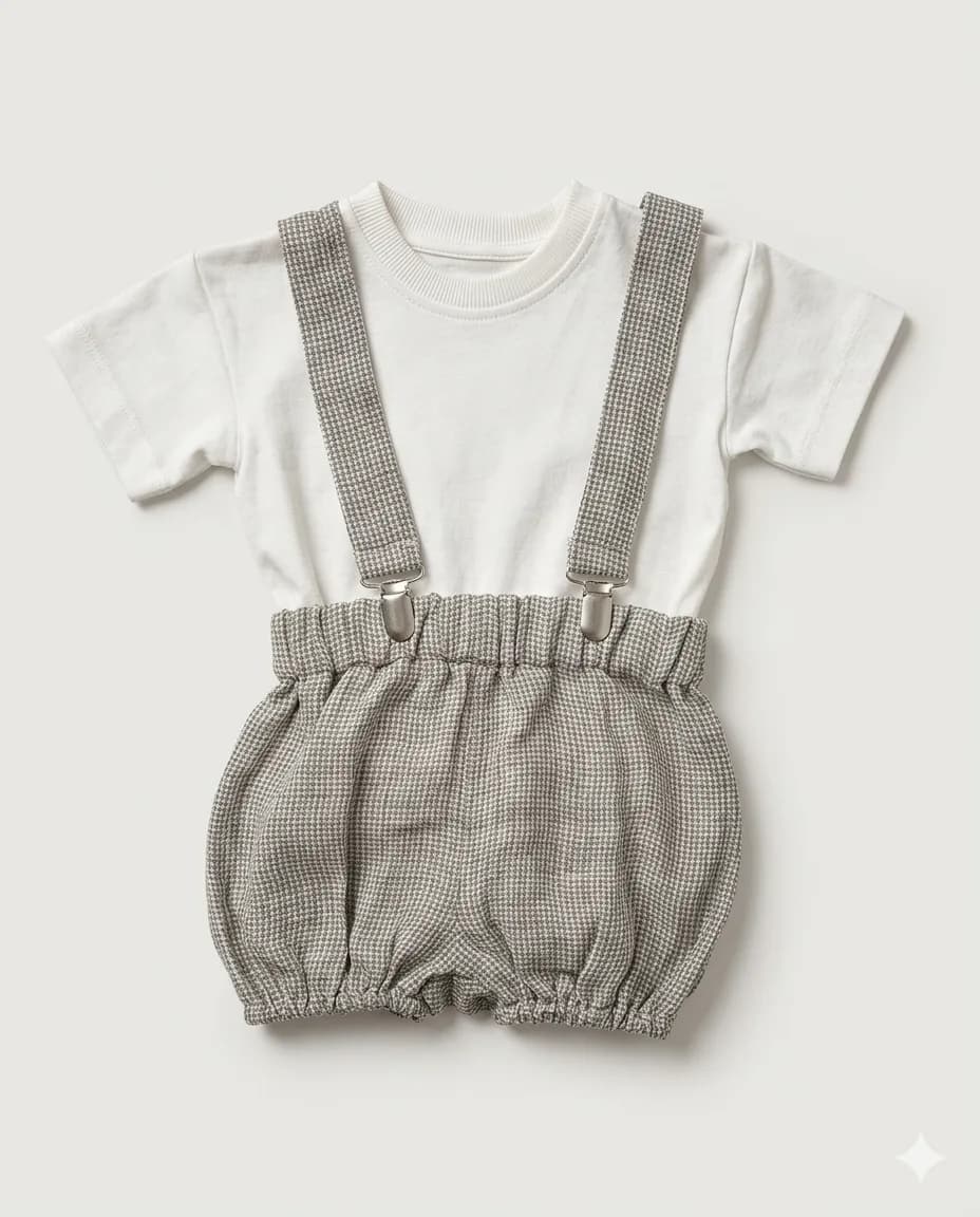 Grey Linen Suspender Shorts Set