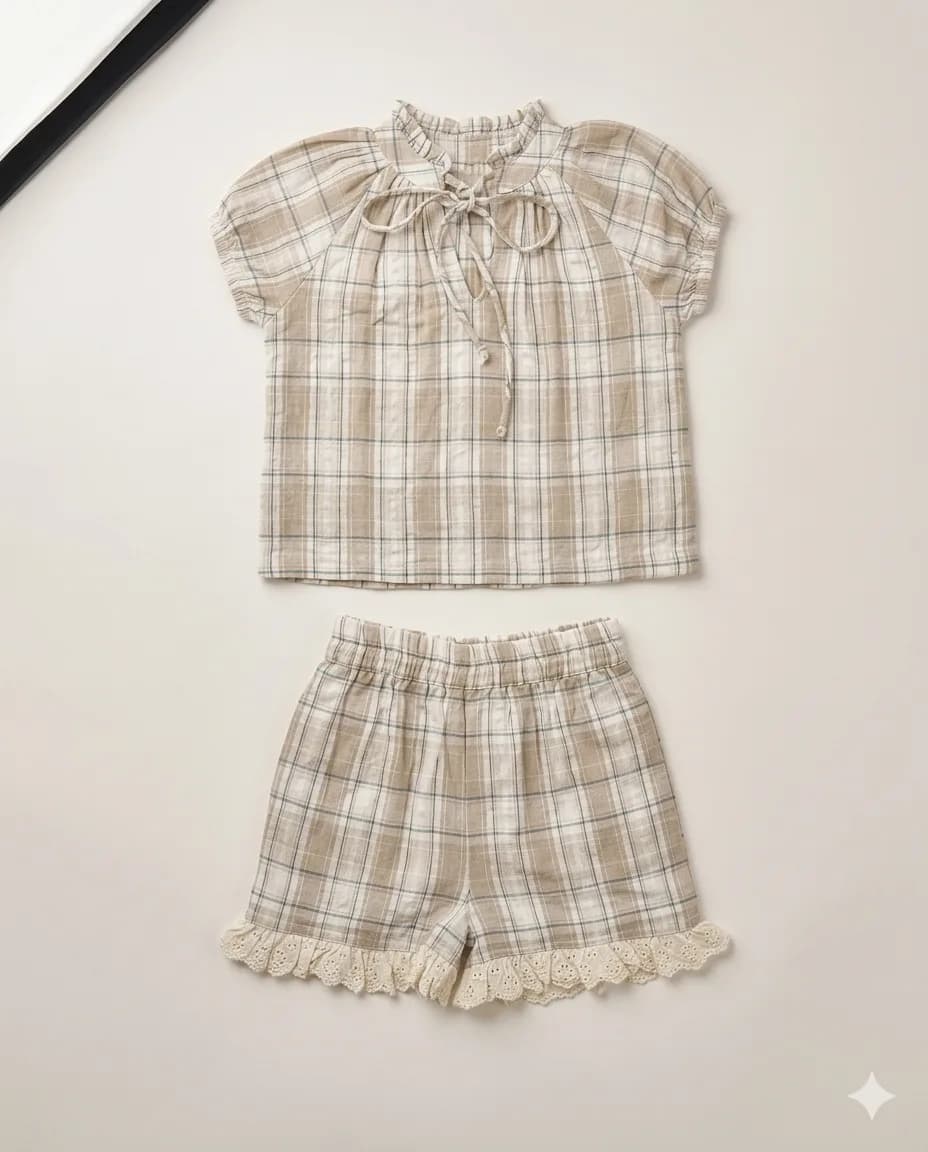 Taupe Plaid Lace-Trim PJ Set