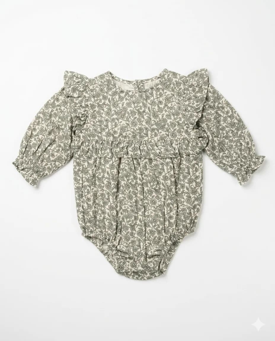 Olive Botanical Ruffle Romper