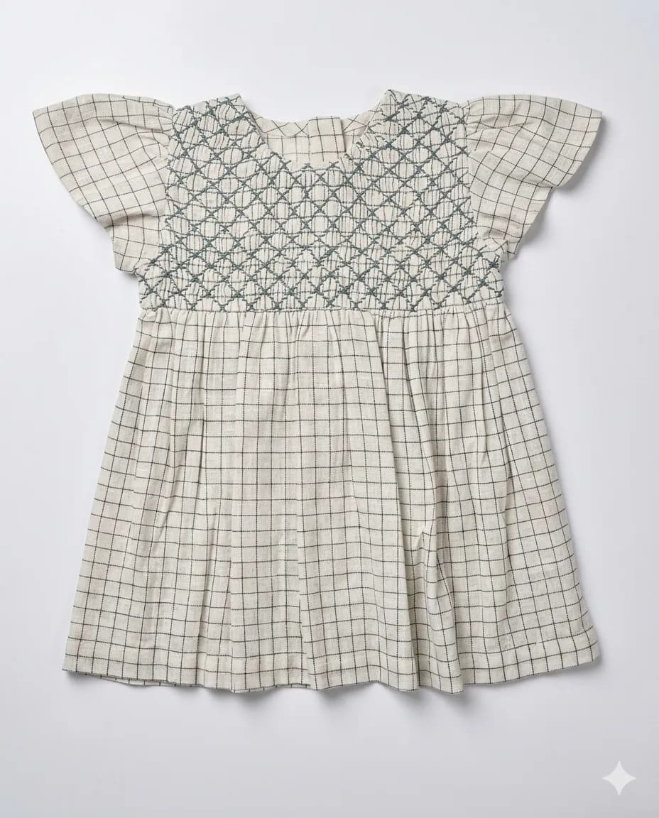 Ivory Grid Smocked Dress