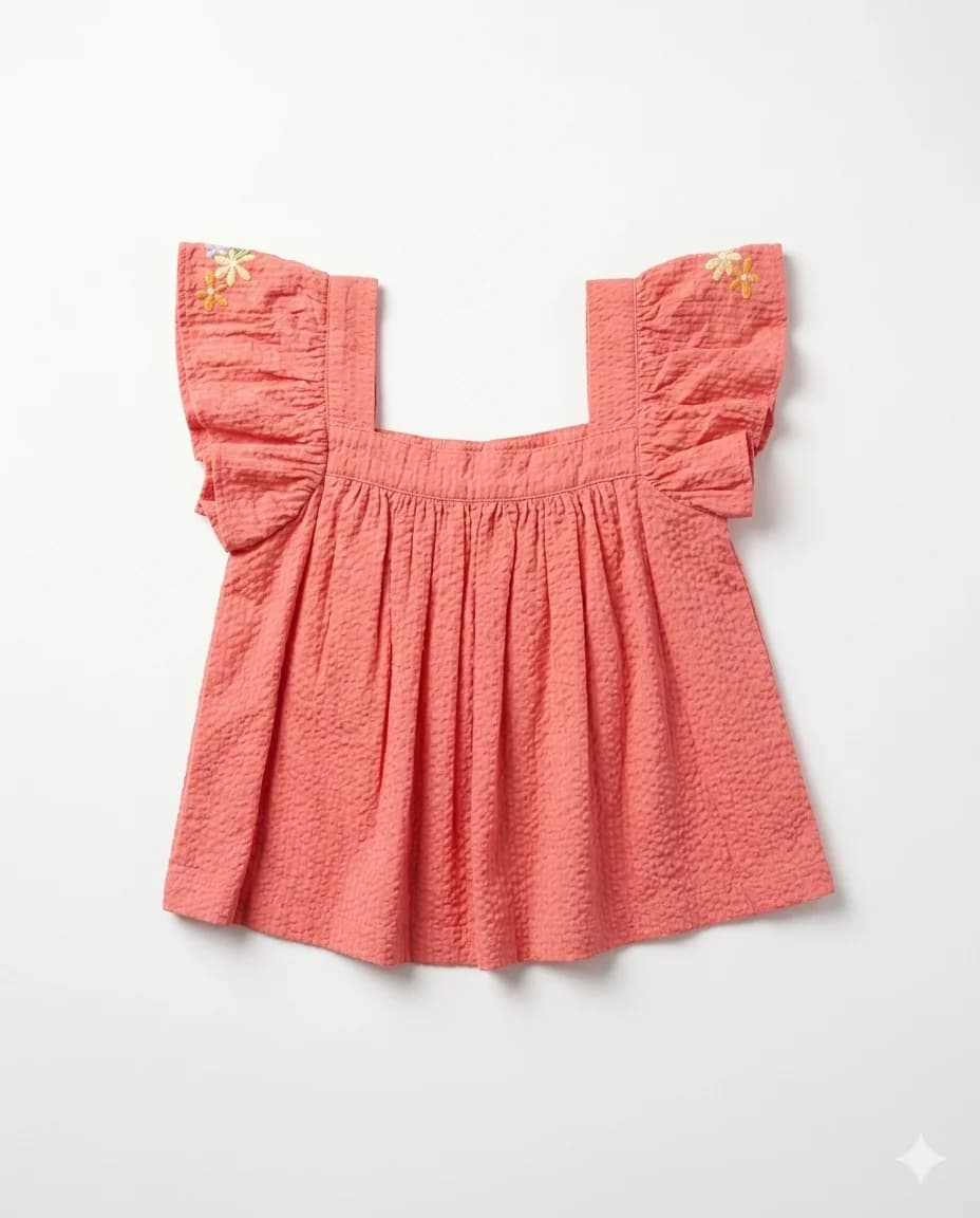 Coral Seersucker Flutter Top