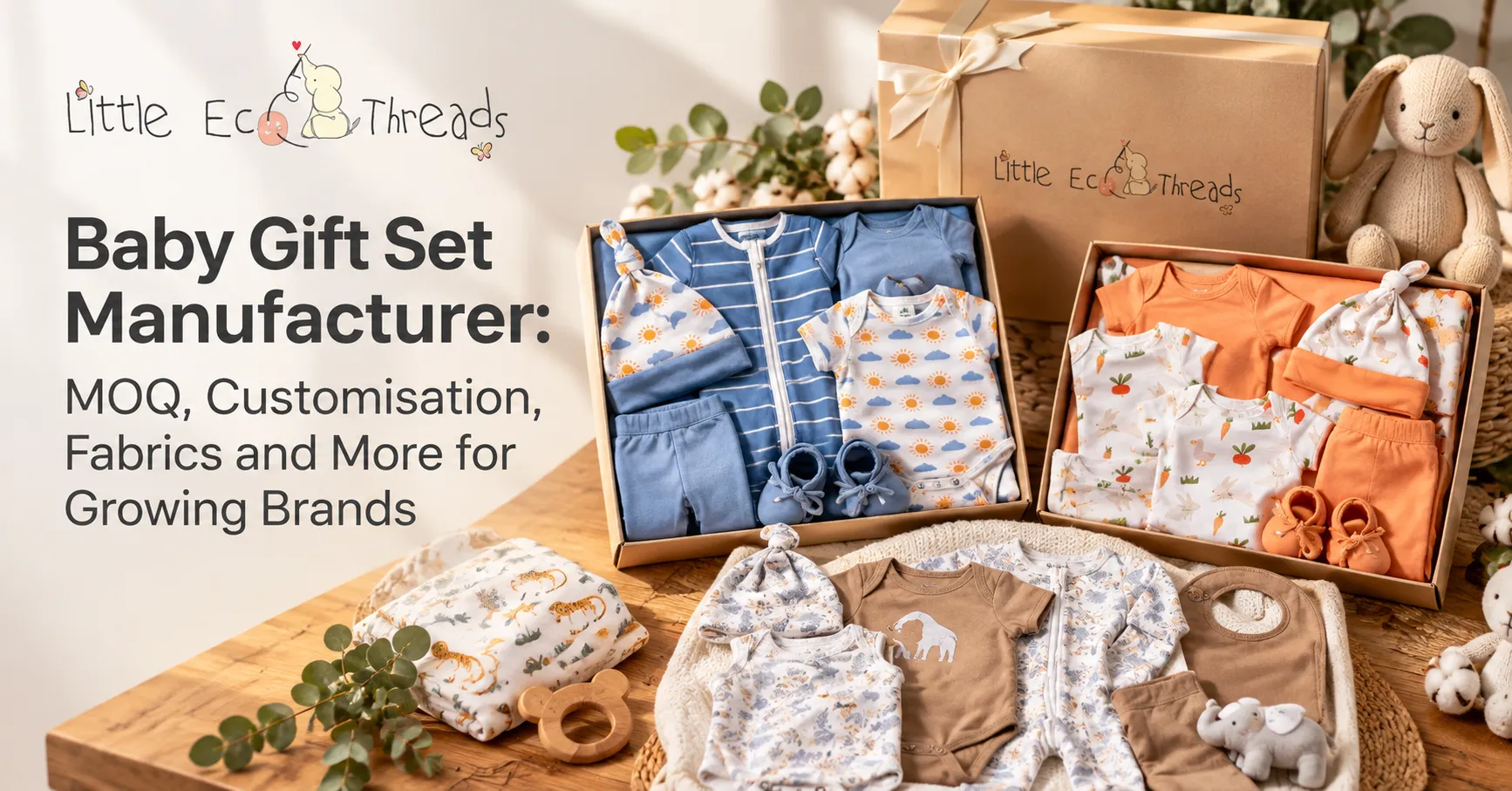 Baby gift sets in kraft boxes with coordinated bodysuits, sleepsuits, knotted hats, booties, bibs and swaddles in blue, orange and printed colourways by Little Eco Threads