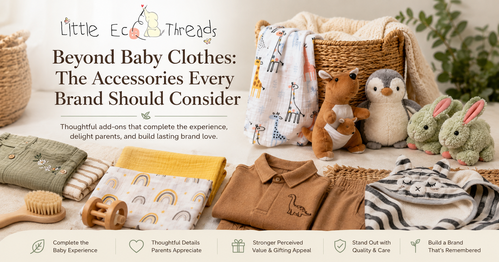 Baby Accessories collection with swaddles, soft toys, quilts, clothing essentials, nursery textiles and coordinated baby products