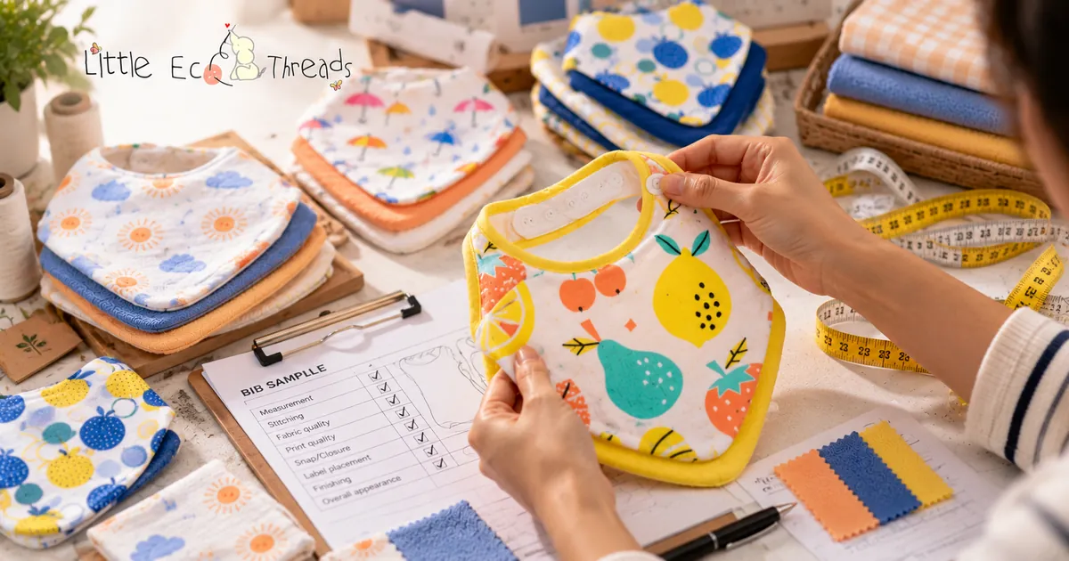 Quality inspector checking a printed baby bib sample against a checklist covering measurement, stitching, fabric, print, snap closure and labels