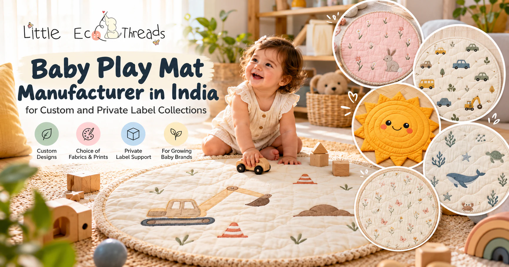 Little Eco Threads banner for Baby Play Mat Manufacturer in India for Custom and Private Label Collections, showing a smiling baby on a quilted play mat with an excavator design, surrounded by round quilted play mats with bunny, vehicle, sun, sea life and floral designs