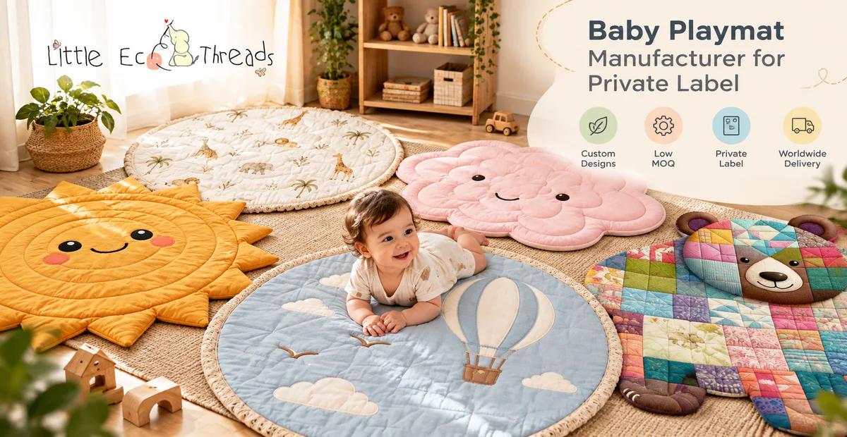 Quilted baby playmats in sun, cloud, bear and round appliqué designs with a baby doing tummy time in a nursery