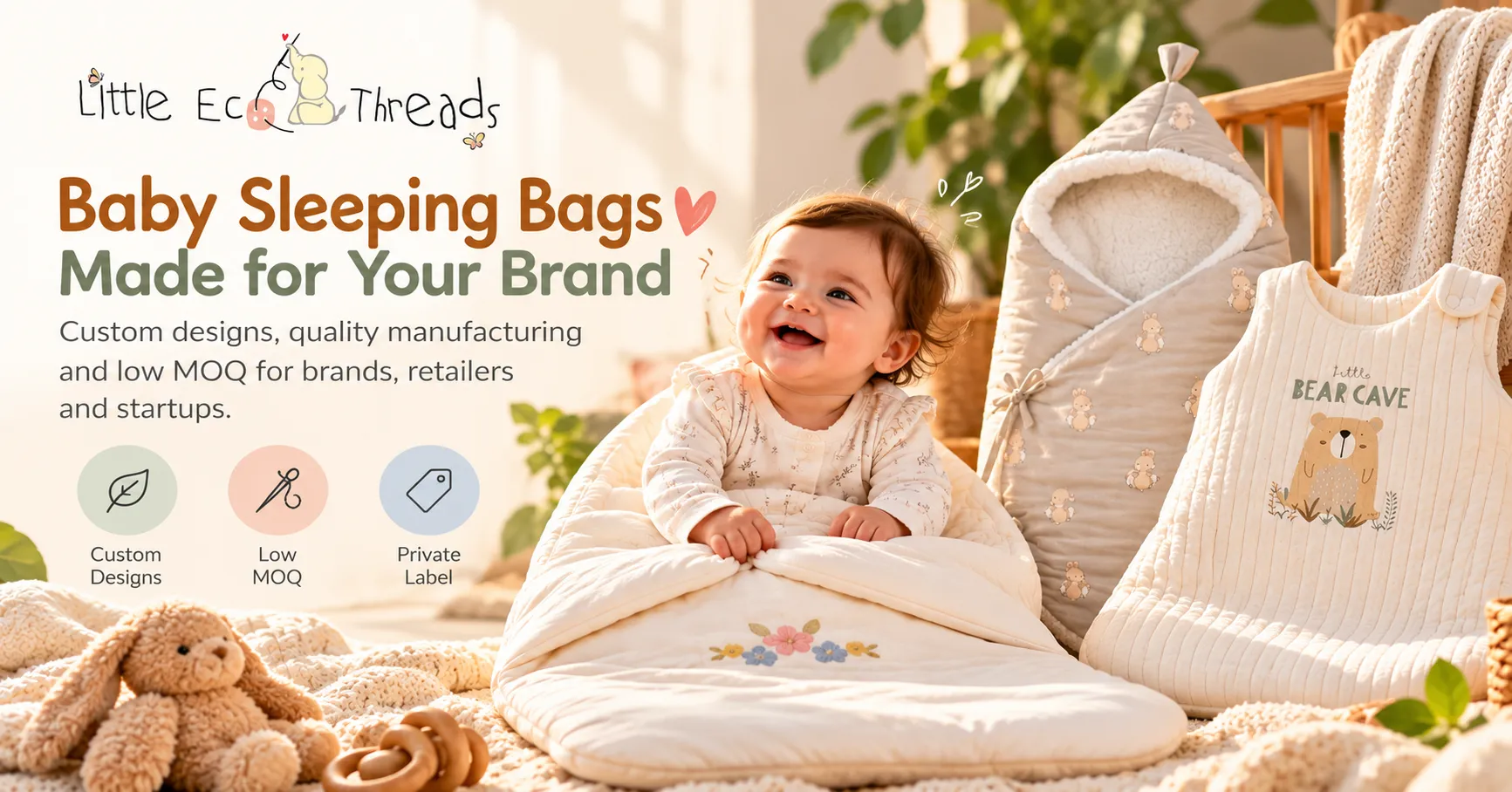 Custom baby sleeping bags in soft prints and fabrics made for private label brands