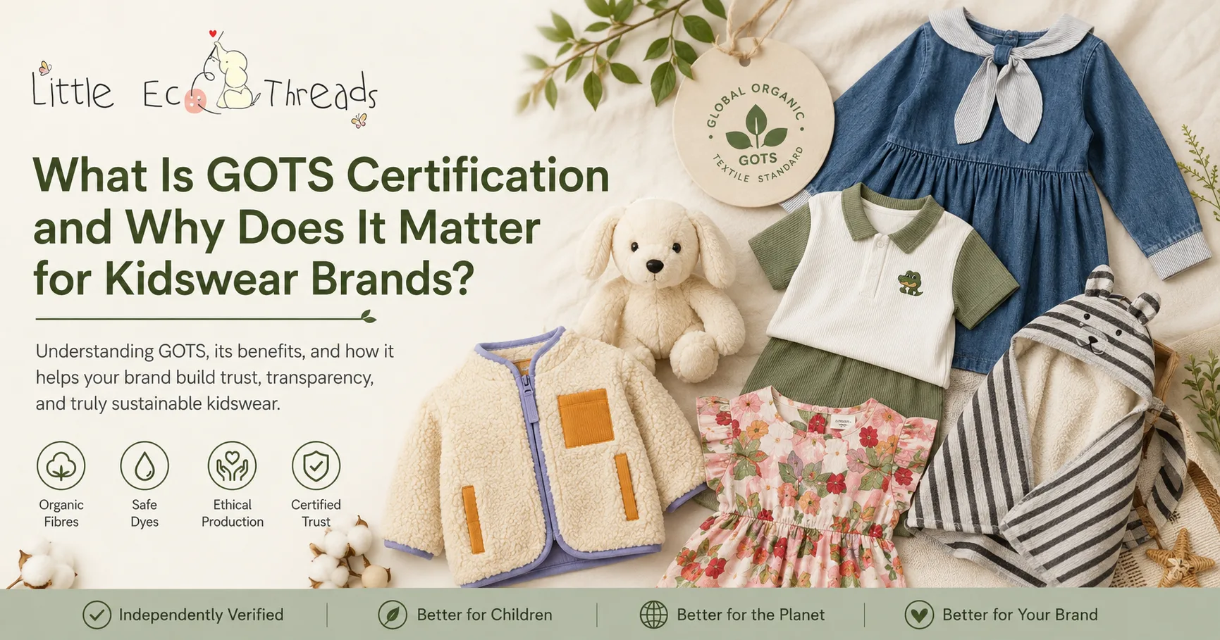 GOTS certification guide for kidswear brands with organic cotton clothing, babywear, certified trust icons, and sustainable production details