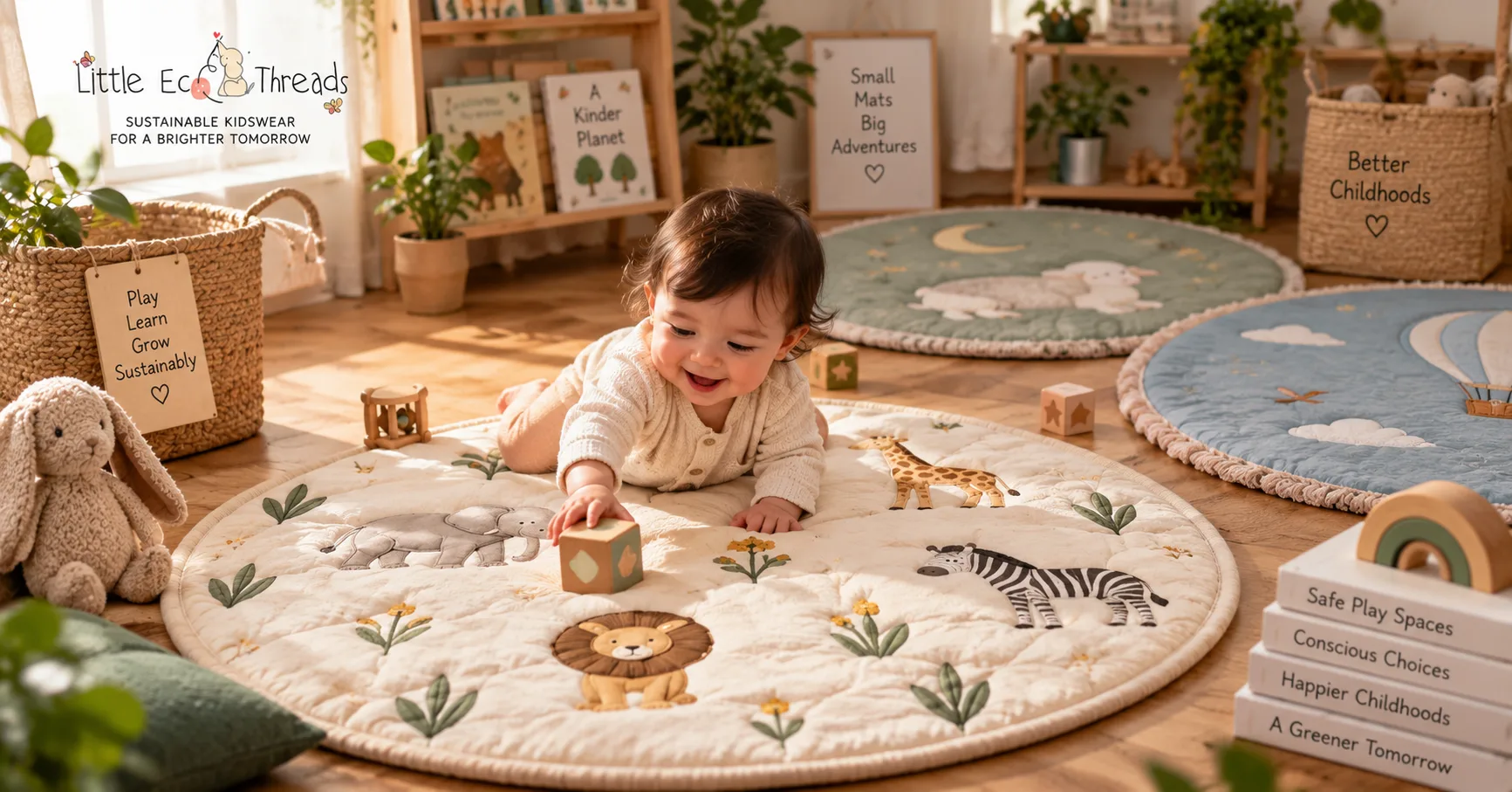 Baby playing on a soft sustainable playmat in a warm nursery setting