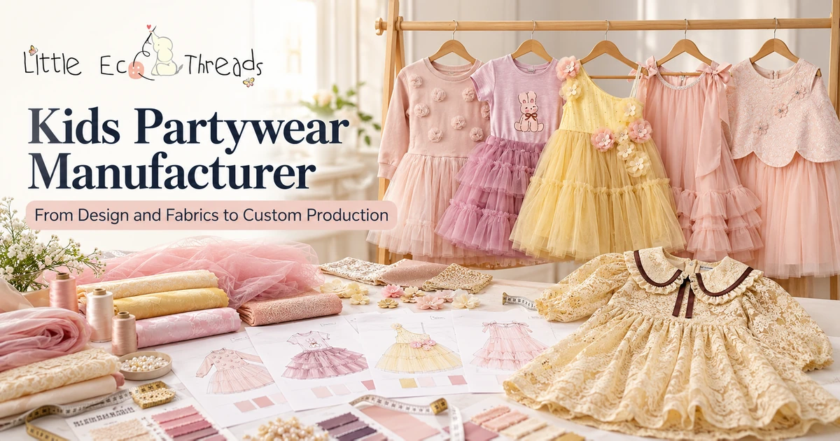Kids partywear manufacturer showcasing custom dresses, fabrics and production