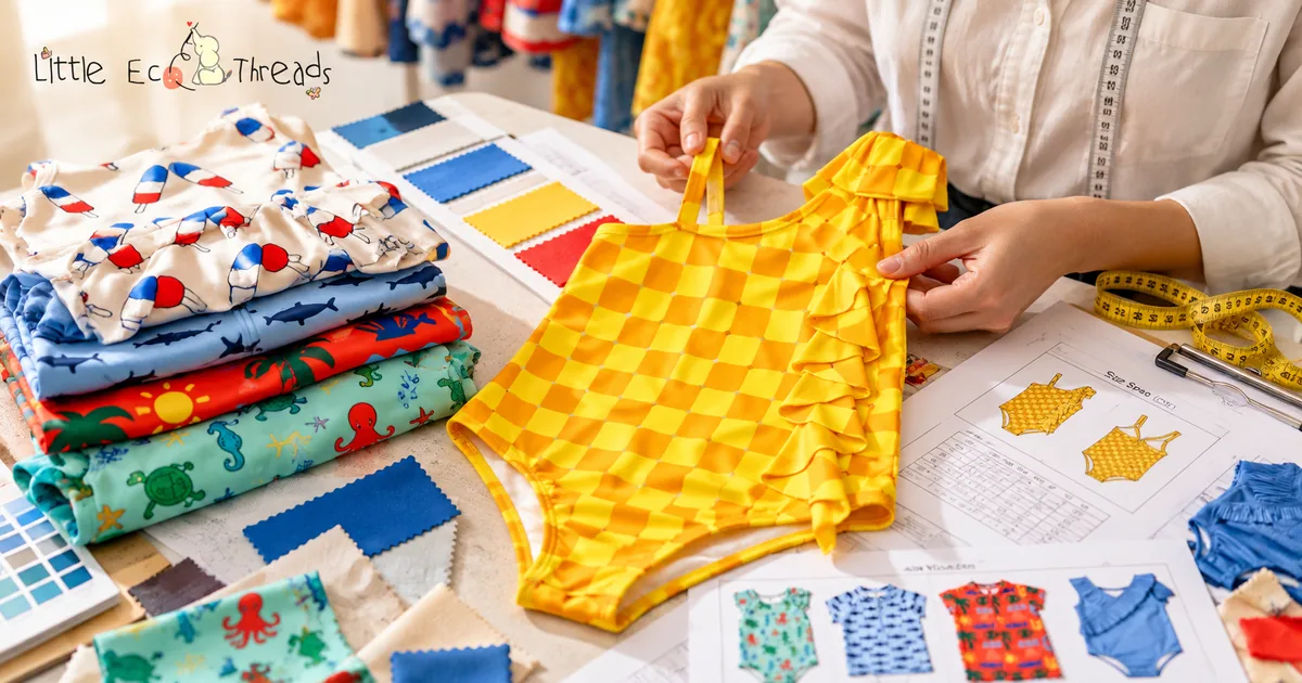 Quality check on a kids swimsuit sample with fabric swatches, a measuring tape and size spec sheets
