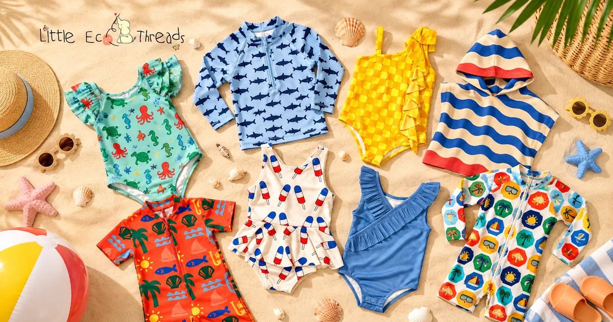 Small kids swimwear collection of printed one-pieces, rash guards and sunsuits laid out on sand