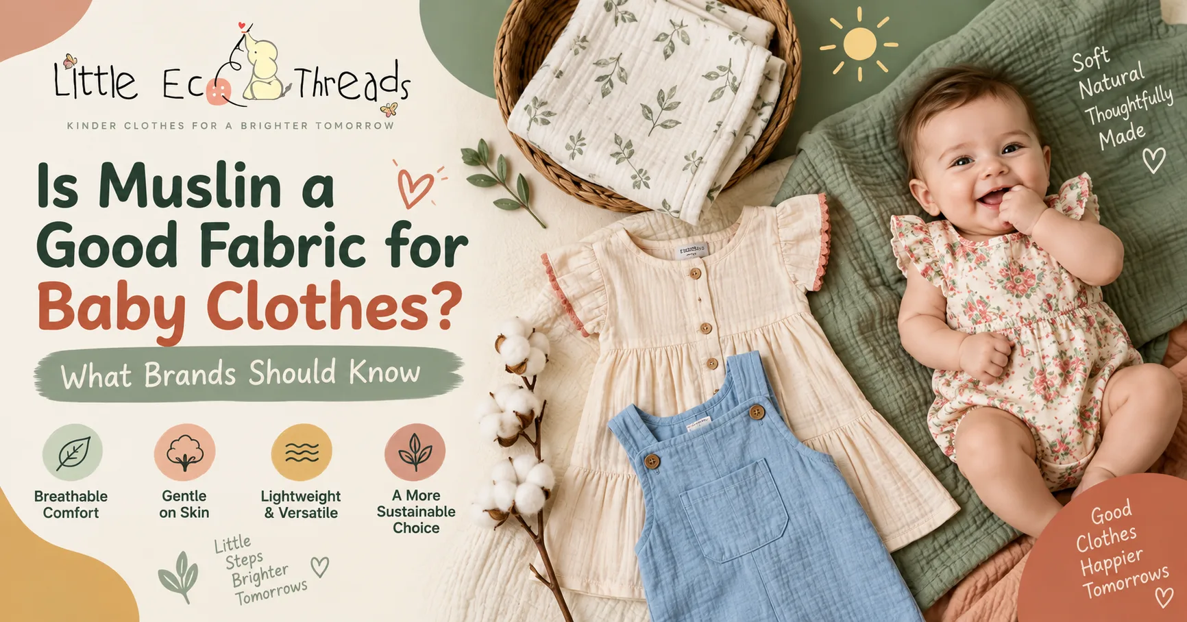 Muslin baby clothes fabric guide with soft muslin dresses, rompers, folded swaddles, and a baby wearing lightweight floral clothing