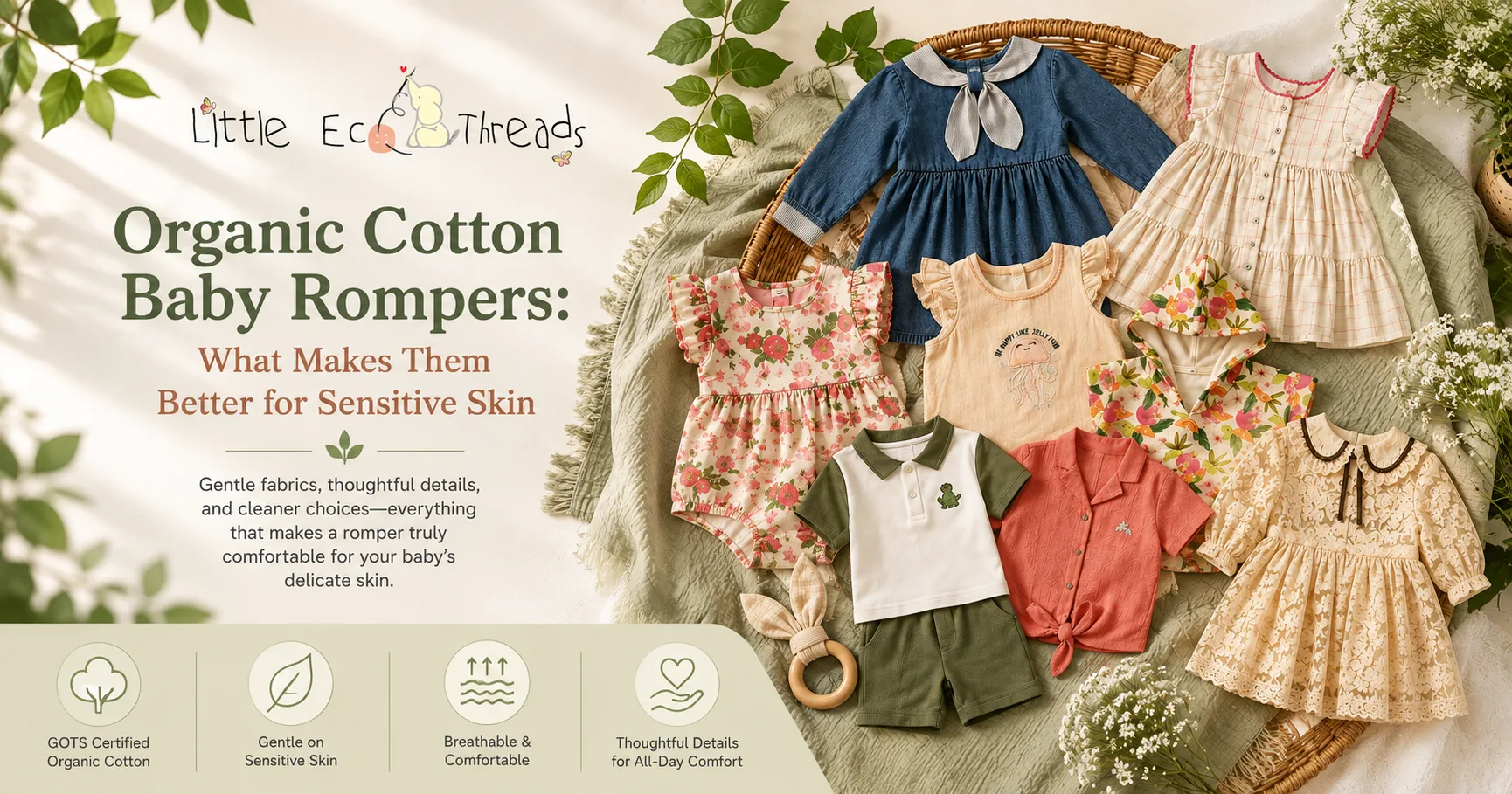 Organic cotton baby rompers and children's clothing styles arranged for a sensitive-skin babywear collection