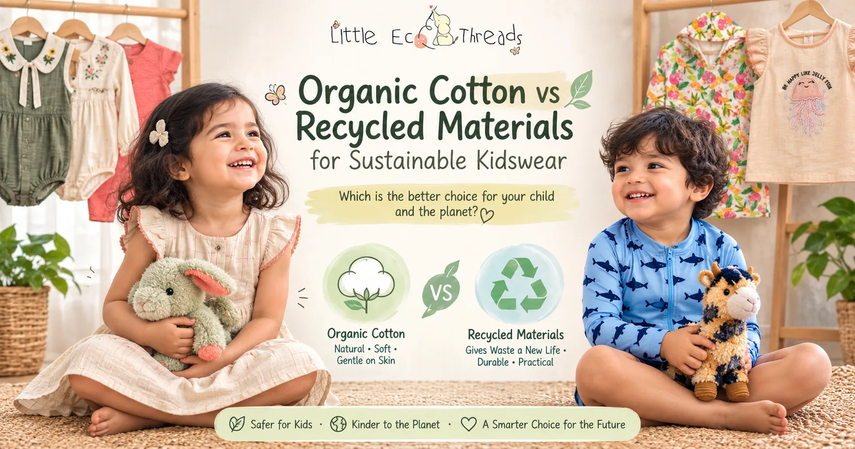 Organic cotton vs recycled materials for sustainable kidswear, showing children's clothing, cotton and recycling icons, and soft baby garments