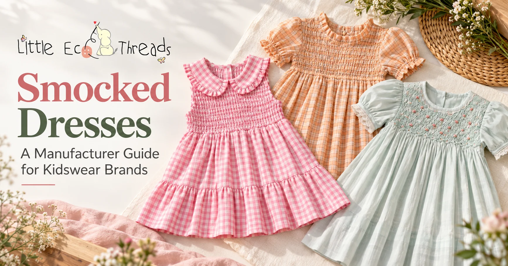 Smocked dresses in pink gingham, peach check and mint with rose embroidery on the yoke, made for kidswear brands