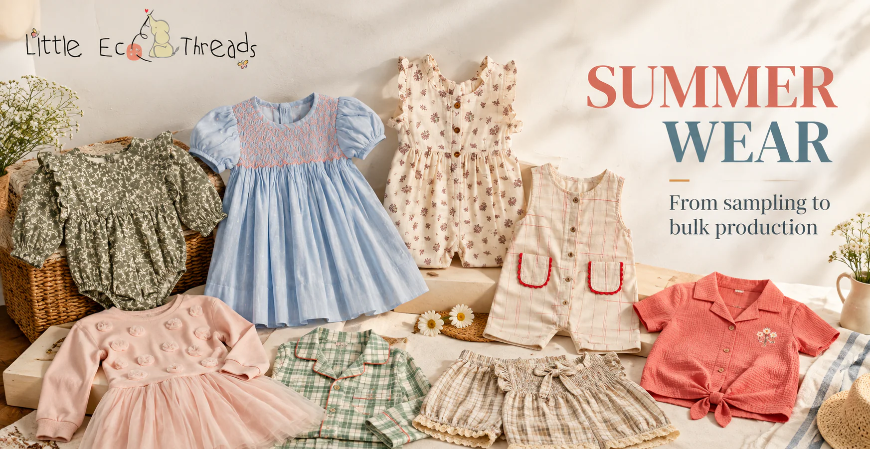 Little Eco Threads Summer Wear collection: organic cotton baby and kids clothes including a smocked dress, gingham and check rompers, floral playsuits, ruffled shorts and a tie-front top, from sampling to bulk production