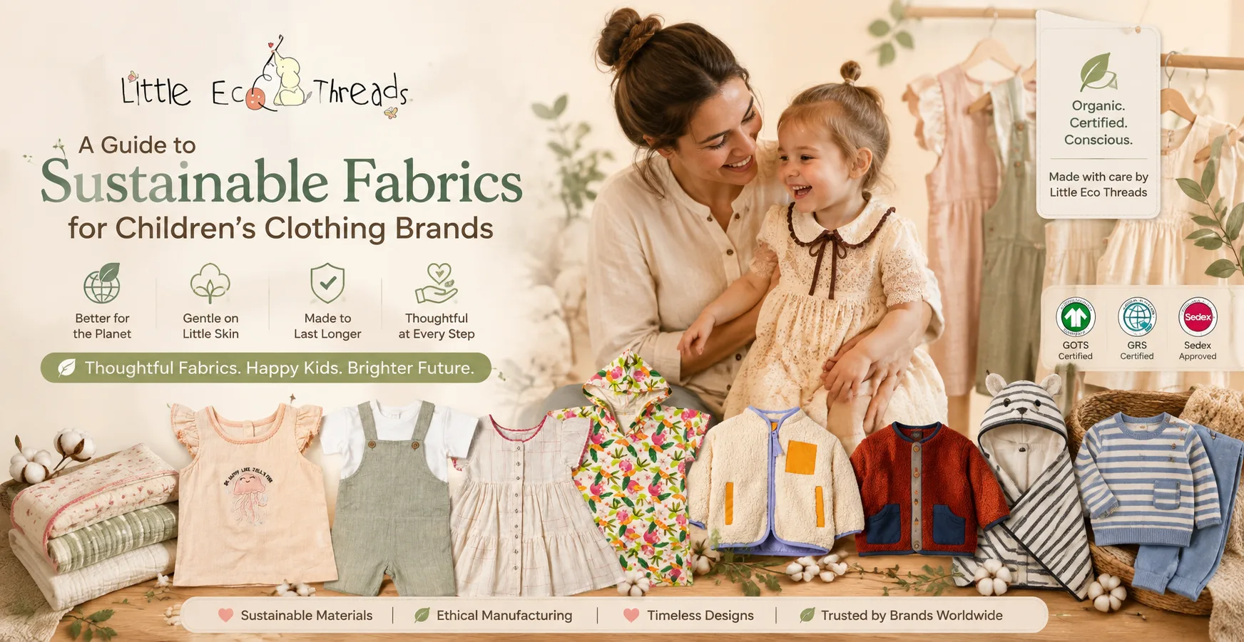Sustainable fabrics for children's clothing brands showing organic cotton garments, babywear, certification badges, and responsible kidswear manufacturing