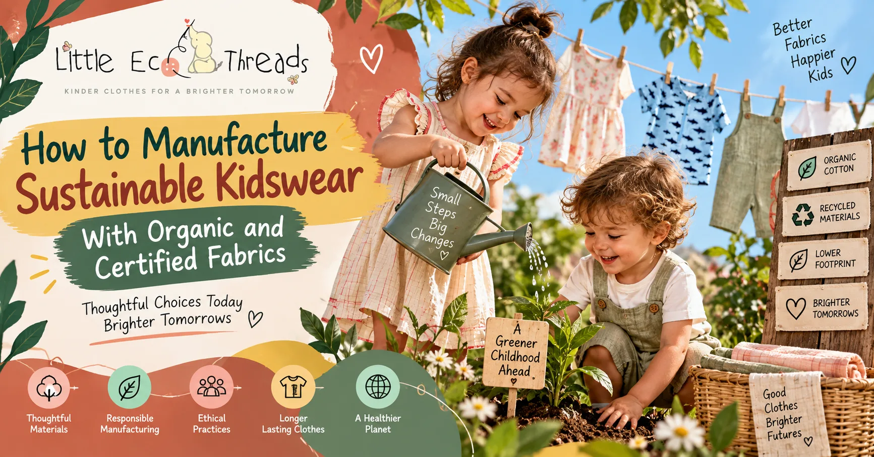 Children wearing organic kidswear beside a washing line, with sustainability notes about better fabrics and lower footprint