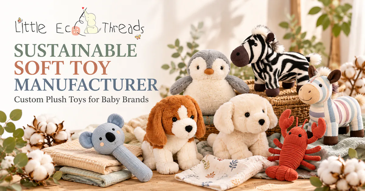 Sustainable soft toy manufacturer banner: plush penguin, zebra, pastel striped horse, beagle and cream puppies, a koala rattle and a red lobster arranged on muslin and folded blankets with cotton bolls, beside the Little Eco Threads logo