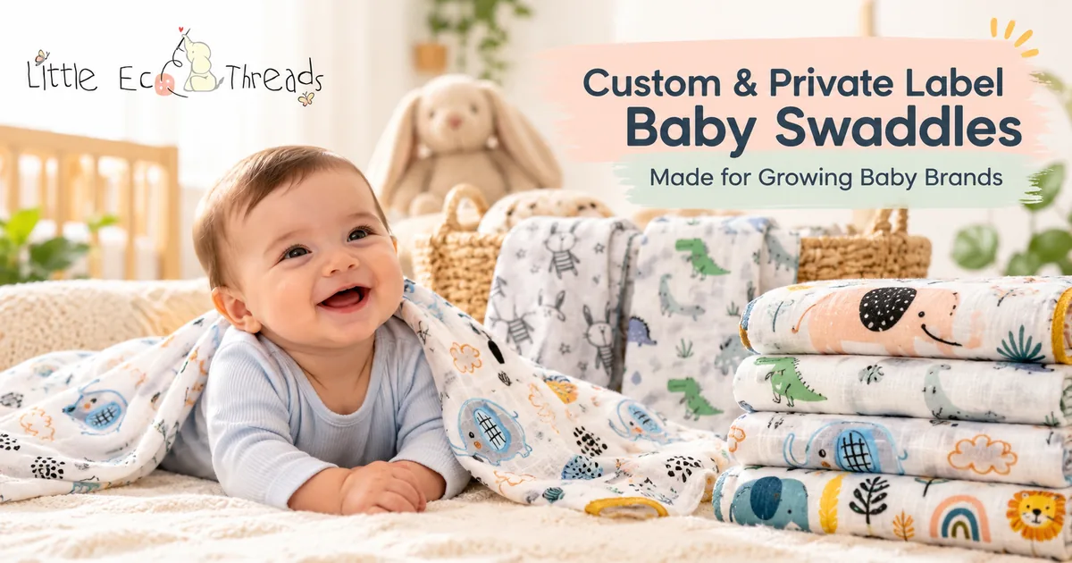 Little Eco Threads banner for Custom and Private Label Baby Swaddles, Made for Growing Baby Brands, showing a smiling baby under a printed muslin swaddle in a bright nursery beside a stack of folded swaddles with elephant, dinosaur and lion prints