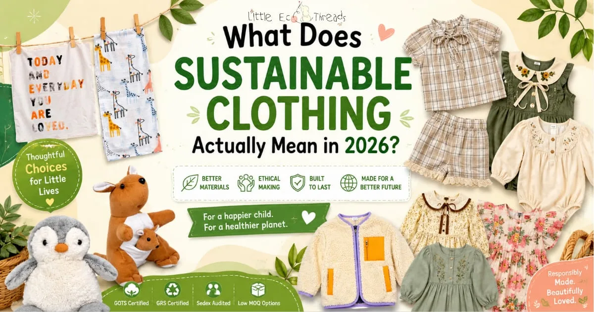 Sustainable clothing guide for baby and children's apparel with organic cotton, GRS, Sedex, and low MOQ production icons