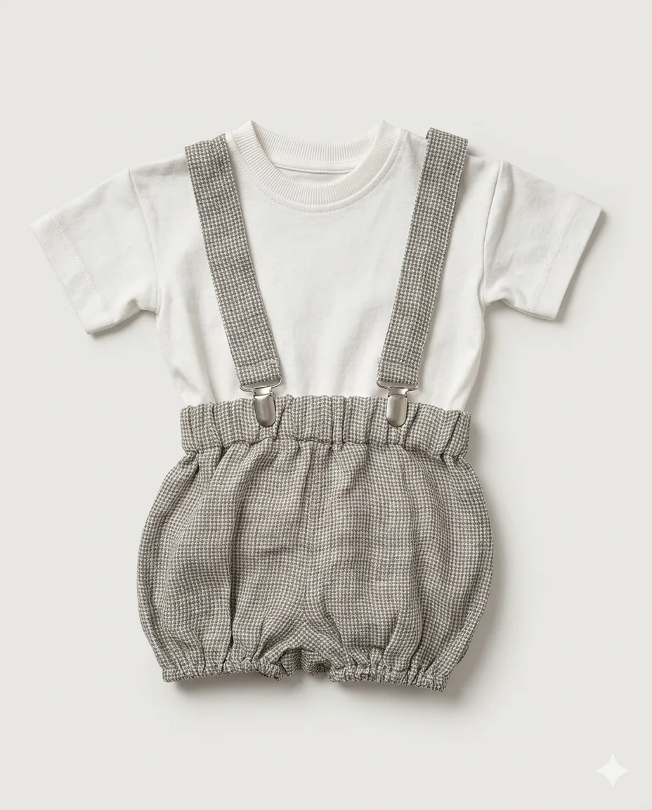 Grey Linen Suspender Shorts Set — image 1