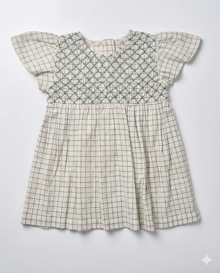 Ivory Grid Smocked Dress